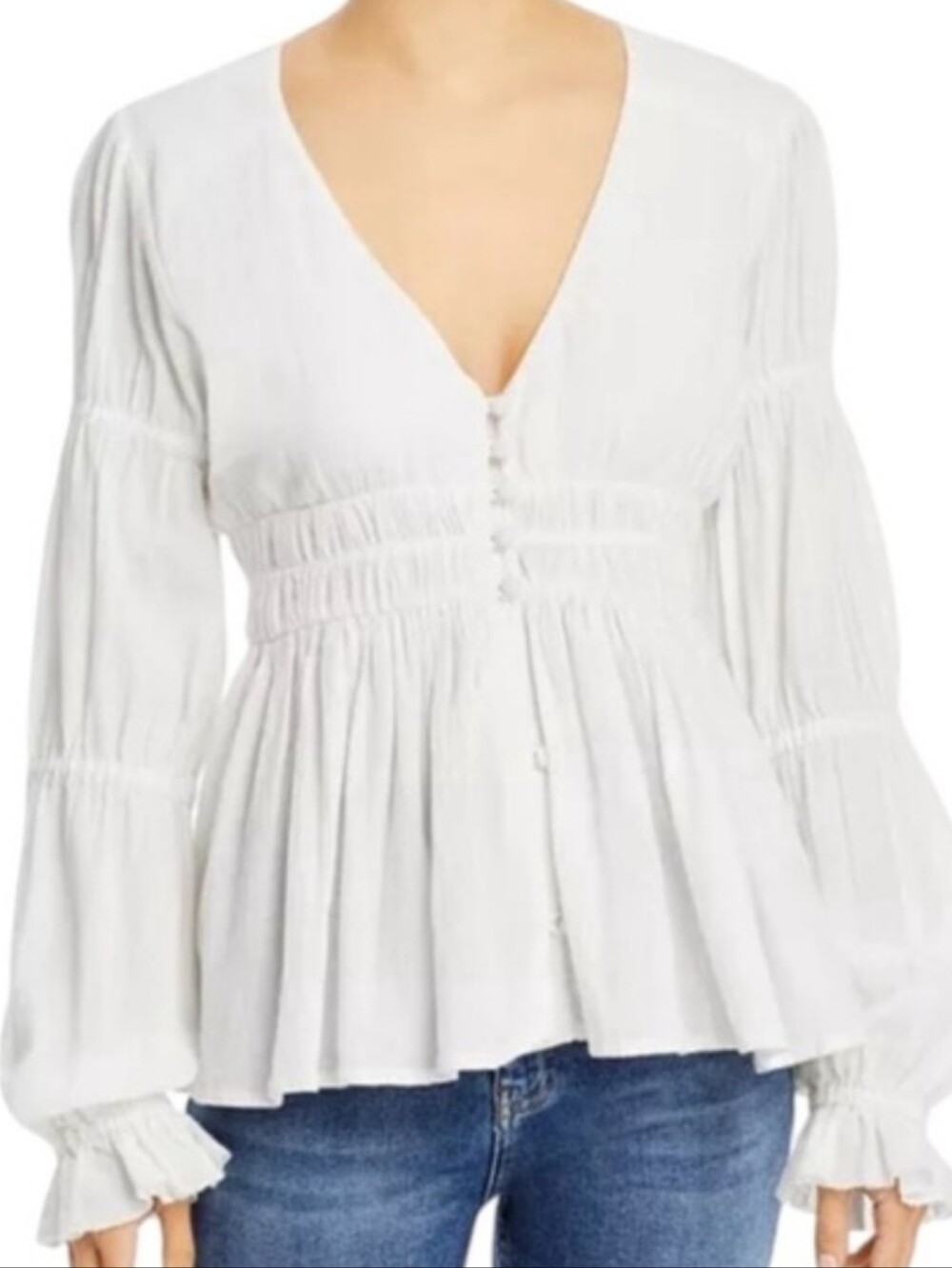 Faherty Collette Top Peplum Button Tiered Long Sleeves Organic Cotton Ivory NWT